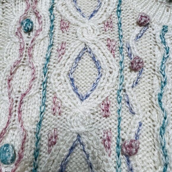 Vintage Russ Studio Crochet Knit Nordic Sweater Cardigan Medium Grandma Pom Pom - Picture 6 of 11